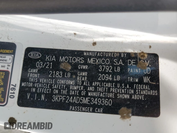 2021 Kia Forte LXS with VIN 3KPF24AD5ME349360, listed as a Copart auction lot 51320225 with 75,712 mi miles and Clean title. Bid and sale history available at DreamBid. Image 14.