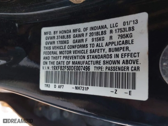 2013 Honda Civic Sdn LX with VIN 19XFB2F50DE007496, listed as a IAAI auction lot 41821617 with 200,027 mi miles. Bid and sale history available at carsss.com. Image 9.
