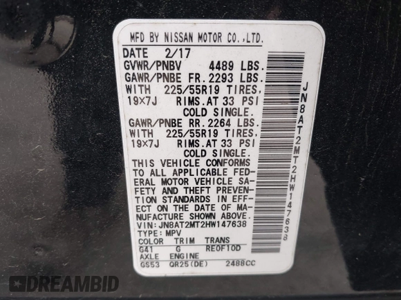 2017 Nissan Rogue SL with VIN JN8AT2MT2HW147638, listed as a IAAI auction lot 42062098 with 198,747 mi miles and . Bid and sale history available at DreamBid. Image 9.