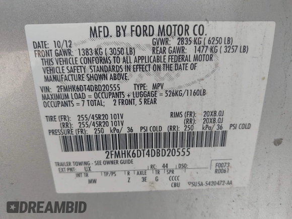 2013 Ford Flex Limited z VIN 2FMHK6DT4DBD20555, wystawiony jako IAAI lot #42182228 z przebiegiem 147 997 mil mil oraz . Historia ofert i sprzedaży dostępna na DreamBid. Obrazek 9.