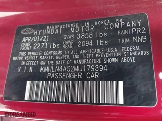 2021 Hyundai Elantra SEL with VIN KMHLN4AG2MU179394, listed as a IAAI auction lot 40919517 with 110,330 mi miles. Bid and sale history available at carsss.com. Image 9.