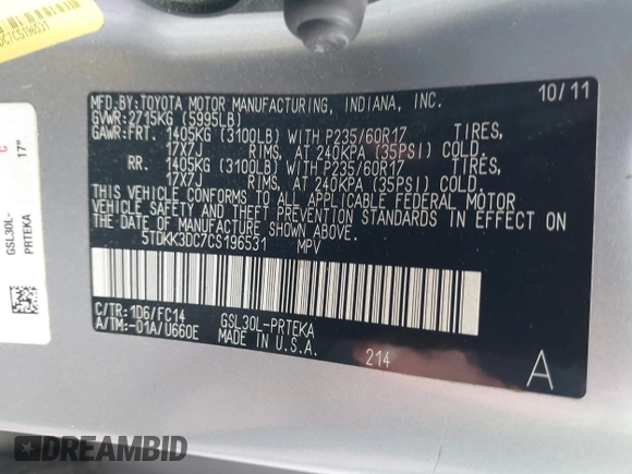 2012 Toyota Sienna LE AAS with VIN 5TDKK3DC7CS196531, listed as a IAAI auction lot 42279383 with 121,633 mi miles and . Bid and sale history available at DreamBid. Image 9.