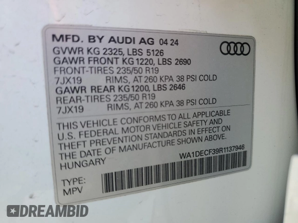 2024 Audi Q3 S line Premium z VIN WA1DECF39R1137946, wystawiony jako Copart lot #47194135 z przebiegiem 3 110 mil mil oraz Szkoda całkowita • Salvage title. Historia ofert i sprzedaży dostępna na DreamBid. Obrazek 14.