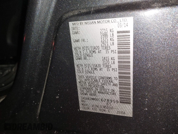 2014 Nissan Pathfinder SV with VIN 5N1AR2MM9EC678959, listed as a IAAI auction lot 41390134 with 120,085 mi miles. Bid and sale history available at carsss.com. Image 9.