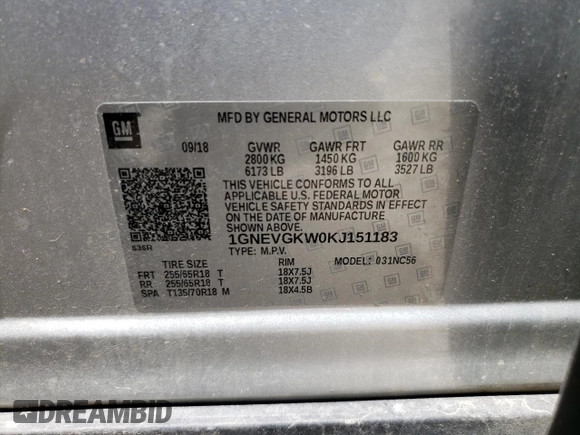 2019 Chevrolet Traverse LT Cloth with VIN 1GNEVGKW0KJ151183, listed as a Copart auction lot 60988104 with 82,431 mi miles and Salvage Title. Bid and sale history available at carsss.com. Image 13.