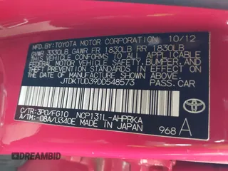 2013 Toyota Yaris L with VIN JTDKTUD39DD548573, listed as a IAAI auction lot 41152564 with 158,510 mi miles. Bid and sale history available at carsss.com. Image 9.