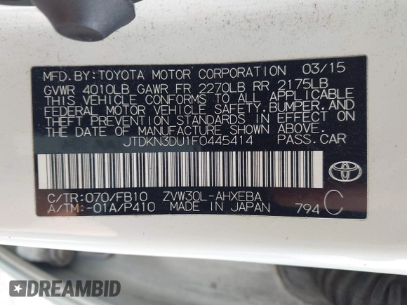 2015 Toyota Prius Four z VIN JTDKN3DU1F0445414, wystawiony jako IAAI lot #42342369 z przebiegiem 233 998 mil mil oraz . Historia ofert i sprzedaży dostępna na DreamBid. Obrazek 9.