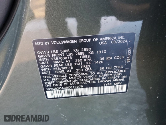 2024 Volkswagen Atlas Peak Edition SEL with VIN 1V2GR2CA3RC619979, listed as a Copart auction lot 45716235 with 2,407 mi miles and Salvage title. Bid and sale history available at DreamBid. Image 12.