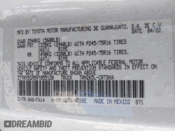 2022 Toyota Tacoma SR with VIN 3TYRX5GN5NT055120, listed as a IAAI auction lot 41687849 with 18,751 mi miles and . Bid and sale history available at DreamBid. Image 9.