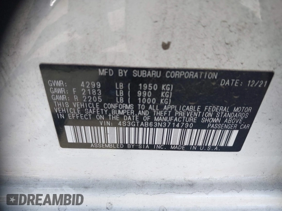 2022 Subaru Impreza z VIN 4S3GTAB63N3714790, wystawiony jako IAAI lot #41969574 z przebiegiem 34 784 mil mil oraz . Historia ofert i sprzedaży dostępna na DreamBid. Obrazek 9.