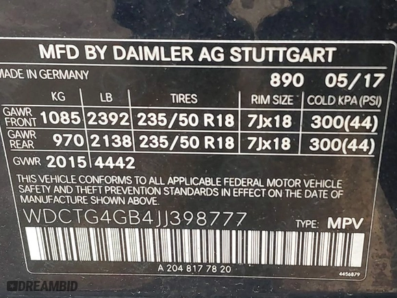 2018 Mercedes-Benz GLA with VIN WDCTG4GB4JJ398777, listed as a IAAI auction lot 41797729 with 70,996 mi miles. Bid and sale history available at carsss.com. Image 9.