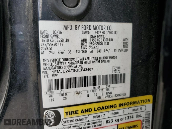 2016 Ford Expedition Limited with VIN 1FMJU2AT8GEF42467, listed as a Copart auction lot 63438565 with 137,946 mi miles and Salvage title. Bid and sale history available at DreamBid. Image 13.