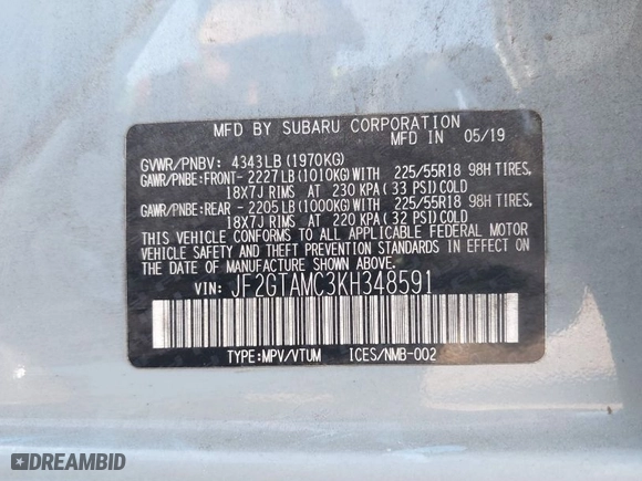 2019 Subaru Crosstrek Limited with VIN JF2GTAMC3KH348591, listed as a IAAI auction lot 41898373 with 64,772 mi miles. Bid and sale history available at carsss.com. Image 9.