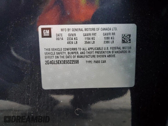 2014 Buick Regal with VIN 2G4GL5EX3E9322598, listed as a Copart auction lot 81448414 with 82,742 mi miles and Salvage Title. Bid and sale history available at DreamBid. Image 12.