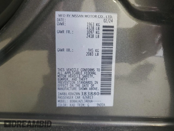 2024 Nissan Altima 2.5 SV with VIN 1N4BL4DV2RN383880, listed as a Copart auction lot 53808725 with 31,211 mi miles and Clean Title. Bid and sale history available at carsss.com. Image 13.