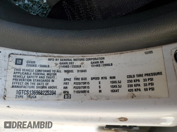 2006 GMC Canyon SLE2 with VIN 1GTCS136968225394, listed as a Copart auction lot 88046045 with 290,456 mi miles and Salvage Title. Bid and sale history available at carsss.com. Image 12.