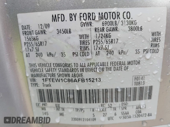 2010 Ford F-150 XL with VIN 1FTEW1C86AFB15213, listed as a IAAI auction lot 42072644 with 234,058 mi miles. Bid and sale history available at carsss.com. Image 9.