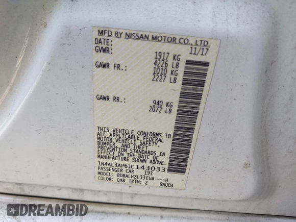 2018 Nissan Altima SR with VIN 1N4AL3AP6JC143033, listed as a IAAI auction lot 41829376 with Not Provided miles and . Bid and sale history available at carsss.com. Image 9.