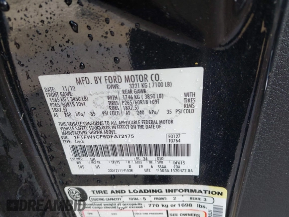2013 Ford F-150 XL with VIN 1FTFW1CF6DFA72175, listed as a IAAI auction lot 41897034 with 161,376 mi miles. Bid and sale history available at carsss.com. Image 9.
