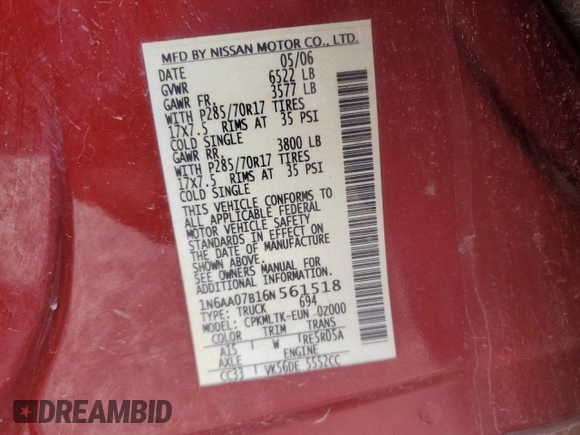 2006 Nissan Titan SE with VIN 1N6AA07B16N561518, listed as a Copart auction lot 48006835 with 331,130 mi miles and Clean title. Bid and sale history available at DreamBid. Image 14.