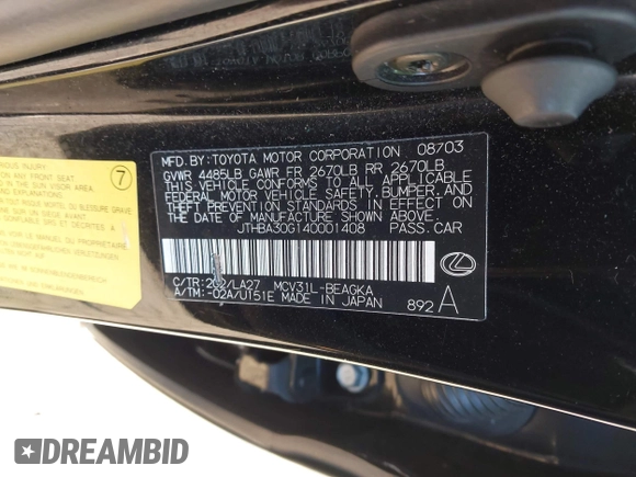 2004 Lexus ES 350 с VIN JTHBA30G140001408, выставлен на аукционе IAAI как лот 42315092 с пробегом 159 989 миль миль и . История ставок и продаж доступна на DreamBid. Изображение 9.