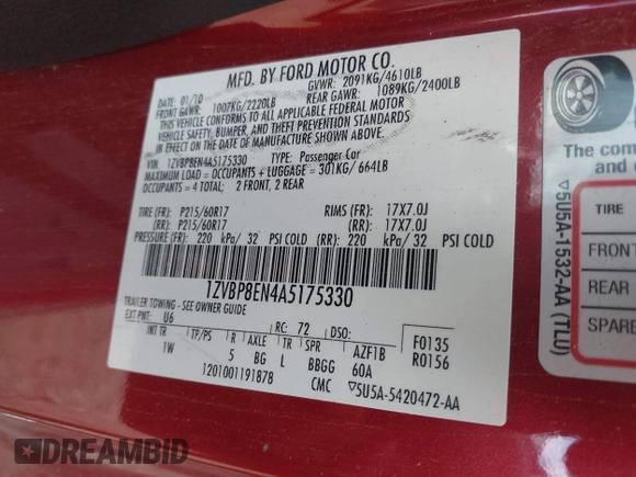 2010 Ford Mustang V6 with VIN 1ZVBP8EN4A5175330, listed as a IAAI auction lot 42191750 with 111,339 mi miles and . Bid and sale history available at carsss.com. Image 9.