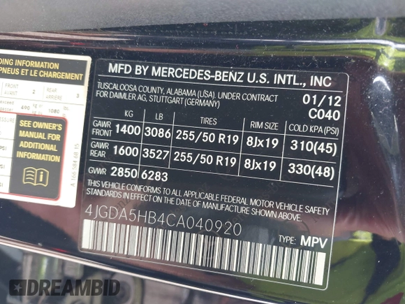2012 Mercedes-Benz M 350 with VIN 4JGDA5HB4CA040920, listed as a IAAI auction lot 42723980 with 115,559 mi miles and . Bid and sale history available at DreamBid. Image 9.