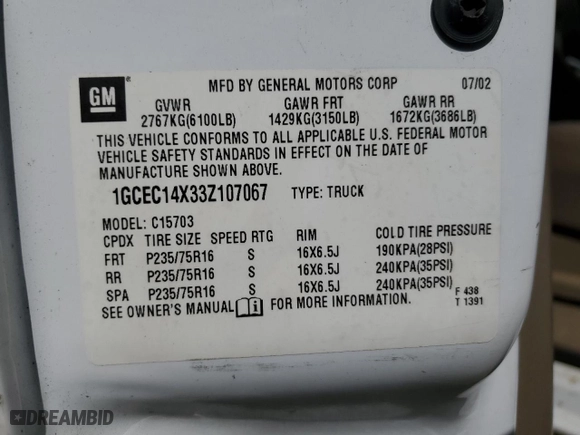 2003 Chevrolet Silverado 1500 with VIN 1GCEC14X33Z107067, listed as a Copart auction lot 49863485 with 255,257 mi miles and Salvage Title. Bid and sale history available at carsss.com. Image 13.