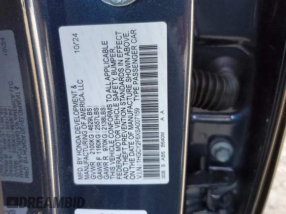 2025 Honda Accord EX-L with VIN 1HGCY2F6XSA007159, listed as a Copart auction lot 52245095 with 2,588 mi miles and Salvage title. Bid and sale history available at DreamBid. Image 14.