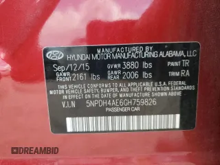 2016 Hyundai Elantra SE with VIN 5NPDH4AE6GH759826, listed as a Copart auction lot 64439635 with 57,043 mi miles and Salvage title. Bid and sale history available at DreamBid. Image 13.