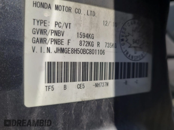 2011 Honda Fit Sport with VIN JHMGE8H50BC801106, listed as a Copart auction lot 56783675 with Not Provided miles and Clean Title. Bid and sale history available at DreamBid. Image 10.