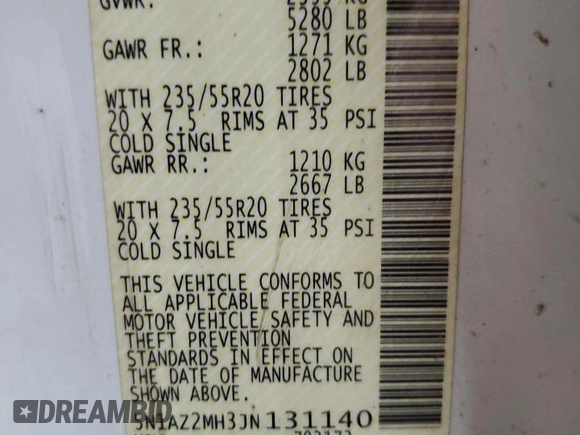 2018 Nissan Murano Platinum with VIN 5N1AZ2MH3JN131140, listed as a Copart auction lot 51151575 with 94,117 mi miles and Clean Title. Bid and sale history available at carsss.com. Image 14.
