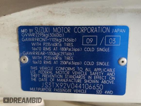 2004 Suzuki XL7 LX with VIN JS3TX92V044106650, listed as a Copart auction lot 76285514 with 185,356 mi miles and Salvage title. Bid and sale history available at DreamBid. Image 15.