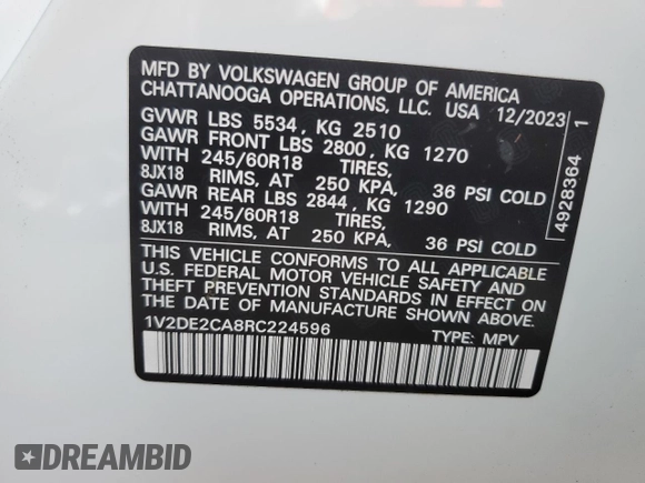 2024 Volkswagen Atlas SE with VIN 1V2DE2CA8RC224596, listed as a Copart auction lot 74582794 with Not provided miles and Salvage title. Bid and sale history available at DreamBid. Image 14.