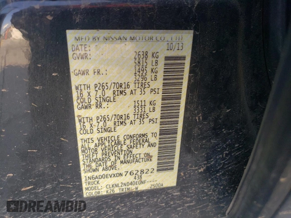 2013 Nissan Frontier SV with VIN 1N6AD0EVXDN762822, listed as a Copart auction lot 56745945 with 153,298 mi miles and Salvage title. Bid and sale history available at DreamBid. Image 12.