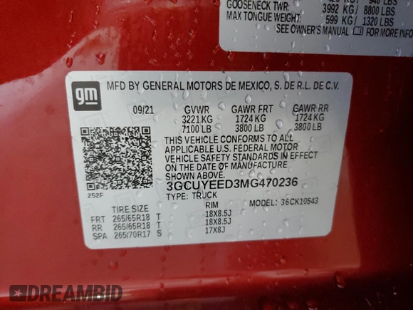 2021 Chevrolet Silverado 1500 RST with VIN 3GCUYEED3MG470236, listed as a Copart auction lot 82279964 with 54,353 mi miles and Salvage Title. Bid and sale history available at carsss.com. Image 12.