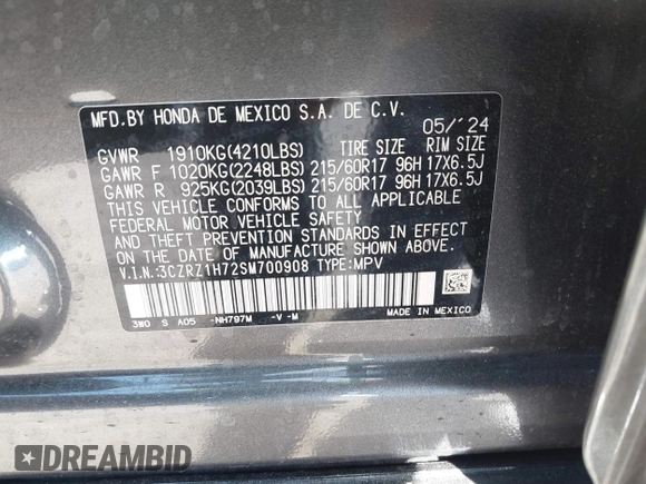 2025 Honda HR-V EX-L z VIN 3CZRZ1H72SM700908, wystawiony jako IAAI lot #41172857 z przebiegiem 6229 mil mil oraz . Historia ofert i sprzedaży dostępna na DreamBid. Obrazek 9.