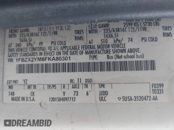 2015 Ford Transit XL with VIN 1FBZX2YM6FKA80301, listed as a IAAI auction lot 41549441 with 310,164 mi miles and . Bid and sale history available at DreamBid. Image 9.