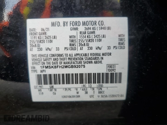 2021 Ford Explorer Limited с VIN 1FMSK8FH2MGB92075, выставлен на аукционе Copart как лот 54912505 с пробегом 61 056 миль миль и Списание • Salvage title. История ставок и продаж доступна на DreamBid. Изображение 13.