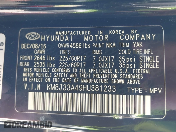 2017 Hyundai Tucson SE Plus with VIN KM8J33A49HU381233, listed as a IAAI auction lot 41393645 with 83,708 mi miles. Bid and sale history available at carsss.com. Image 9.