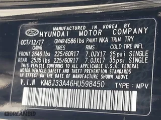2017 Hyundai Tucson SE Plus with VIN KM8J33A46HU598450, listed as a IAAI auction lot 41709481 with 34,781 mi miles. Bid and sale history available at carsss.com. Image 9.