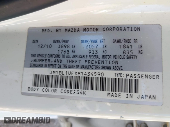2011 Mazda 3 i Sport with VIN JM1BL1UFXB1434590, listed as a IAAI auction lot 41769754 with 144,046 mi miles and . Bid and sale history available at DreamBid. Image 9.