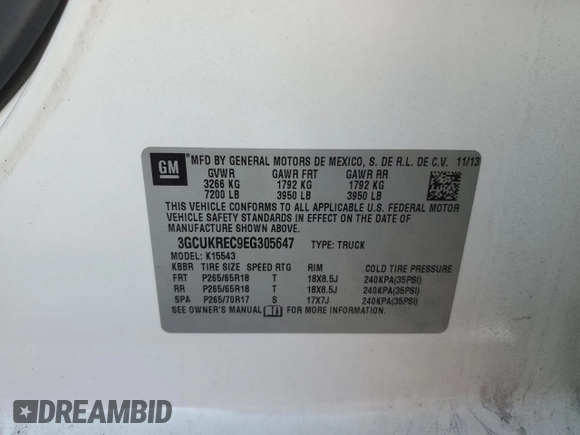 2014 Chevrolet Silverado 1500 LT with VIN 3GCUKREC9EG305647, listed as a Copart auction lot 47426795 with 322,142 mi miles and Salvage Title. Bid and sale history available at DreamBid. Image 14.