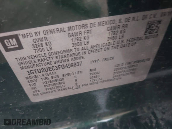 2015 GMC Sierra 1500 SLE z VIN 3GTU2UEC3FG499337, wystawiony jako IAAI lot #41858015 z przebiegiem 73 037 mil mil oraz . Historia ofert i sprzedaży dostępna na DreamBid. Obrazek 9.