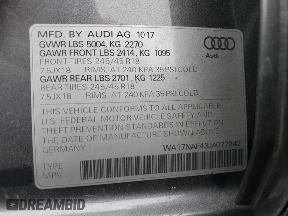 2018 Audi allroad A4 Premium with VIN WA17NAF43JA077242, listed as a Copart auction lot 40792563 with 29,209 mi miles and . Bid and sale history available at DreamBid. Image 12.