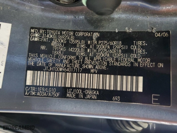2006 Lexus LX 470 with VIN JTJHT00W964017117, listed as a Copart auction lot 61019524 with 207,767 mi miles and Salvage Title. Bid and sale history available at carsss.com. Image 15.