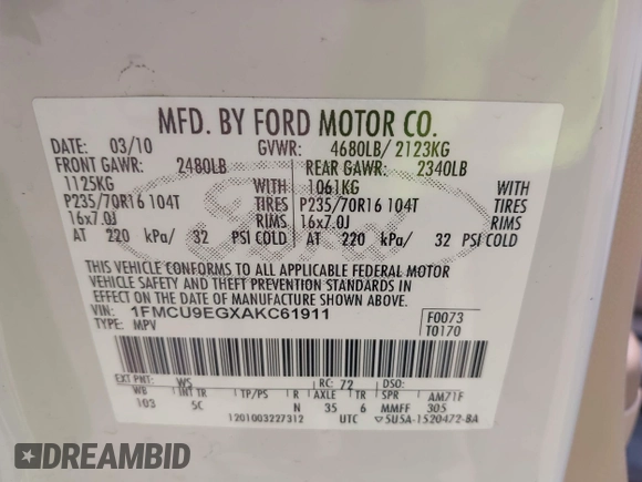 2010 Ford Escape Limited с VIN 1FMCU9EGXAKC61911, выставлен на аукционе IAAI как лот 42249833 с пробегом 125 219 миль миль и . История ставок и продаж доступна на DreamBid. Изображение 9.