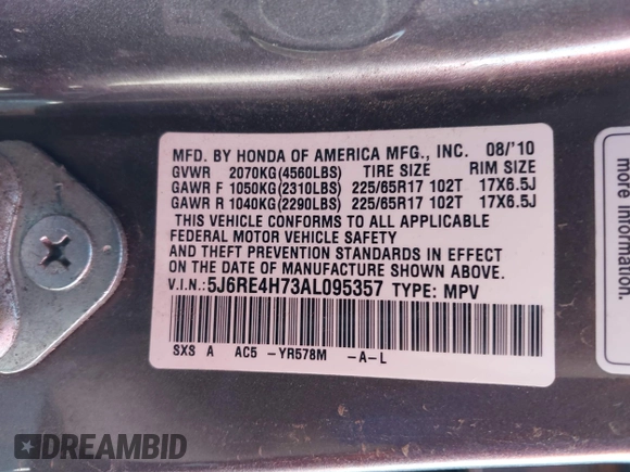 2010 Honda CR-V EX-L with VIN 5J6RE4H73AL095357, listed as a IAAI auction lot 42046684 with 230,344 mi miles and . Bid and sale history available at DreamBid. Image 9.