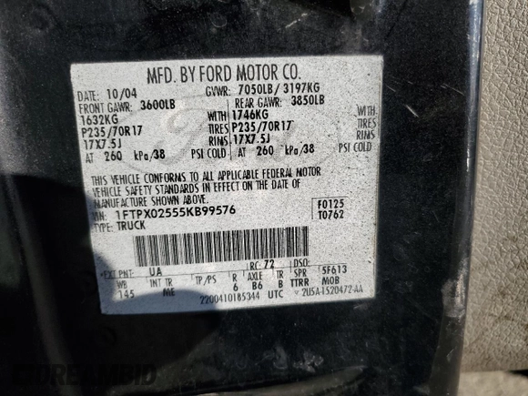 2005 Ford F-150 XLT with VIN 1FTPX02555KB99576, listed as a Copart auction lot 66905914 with 0 mi miles and Salvage Title. Bid and sale history available at carsss.com. Image 14.