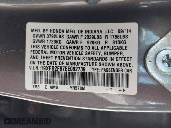 2014 Honda Civic Sedan EX with VIN 19XFB2F87EE082739, listed as a IAAI auction lot 42017492 with 158,988 mi miles. Bid and sale history available at carsss.com. Image 9.